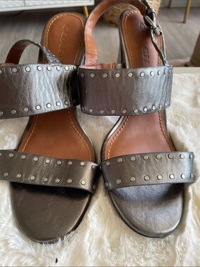 Coach Metallic Pewter Studded Leather Slide Sandals with Ankle Strap